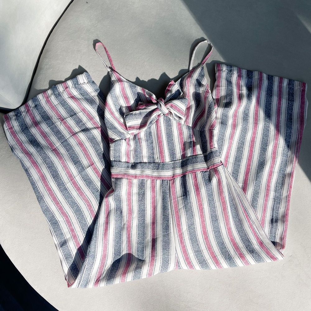 EUC Francesca’s JAPNA pink and blue striped jumpsuit